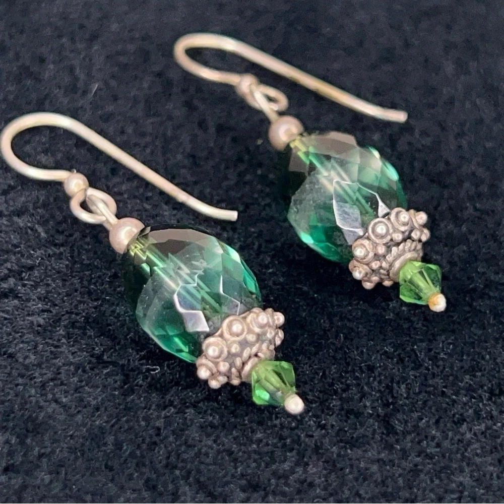 Green Crystal Silver Dangle Beaded Earrings Dangle Boho Glam